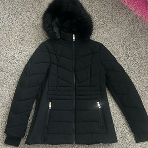 London Fog Black Puffer Jacket with Faux Fur Hood